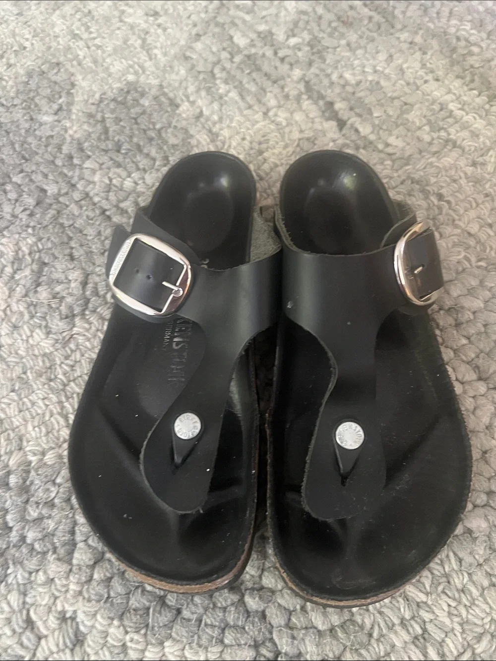 Women’s Birkenstock Big Buckle Gizeh sandal in black with silver